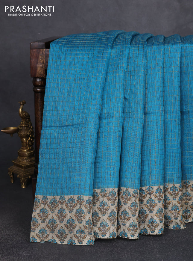 Art chanderi saree teal blue and beige with allover checked pattern and printed border
