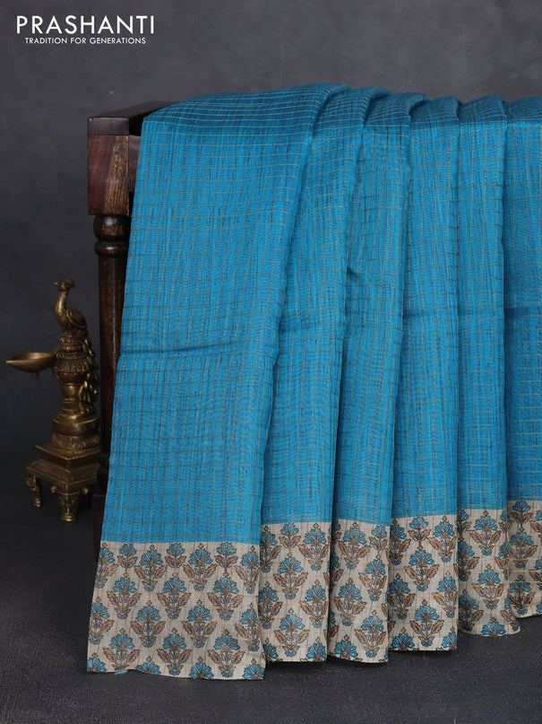 Art chanderi saree teal blue and beige with allover checked pattern and printed border
