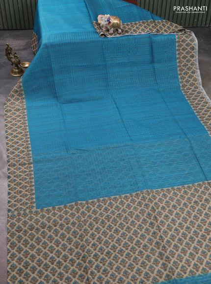 Art chanderi saree teal blue and beige with allover checked pattern and printed border