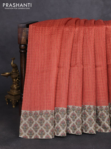 Art chanderi saree rustic orange and beige with allover checked pattern and printed border