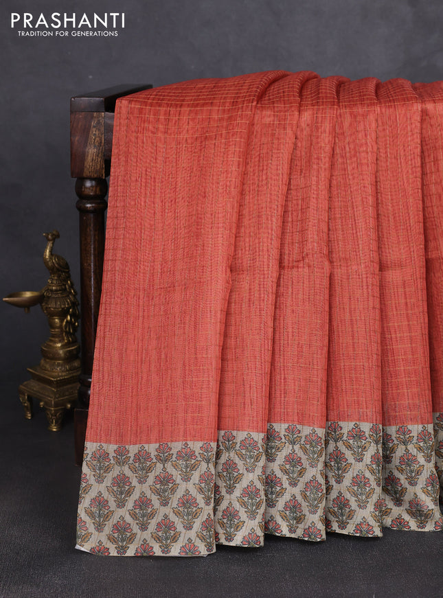 Art chanderi saree rustic orange and beige with allover checked pattern and printed border