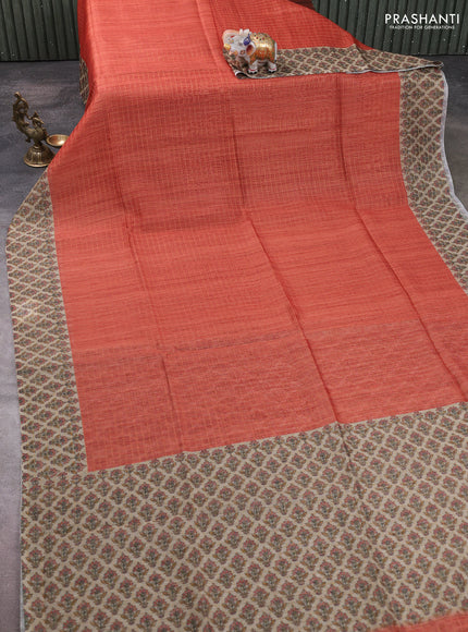 Art chanderi saree rustic orange and beige with allover checked pattern and printed border