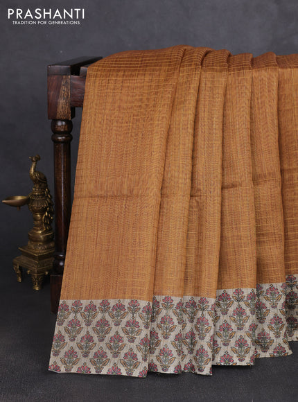 Art chanderi saree mustard yellow and beige with allover checked pattern and printed border