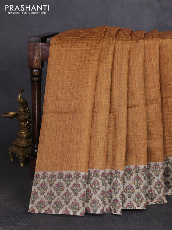 Art chanderi saree mustard yellow and beige with allover checked pattern and printed border