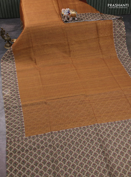 Art chanderi saree mustard yellow and beige with allover checked pattern and printed border
