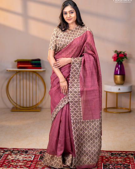 Art chanderi saree pastel maroon and beige with allover checked pattern and printed border