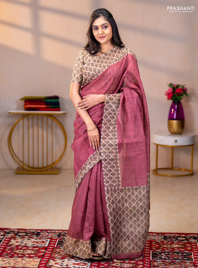 Art chanderi saree pastel maroon and beige with allover checked pattern and printed border