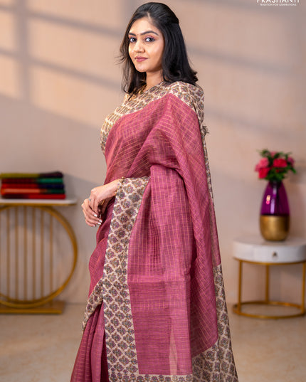 Art chanderi saree pastel maroon and beige with allover checked pattern and printed border