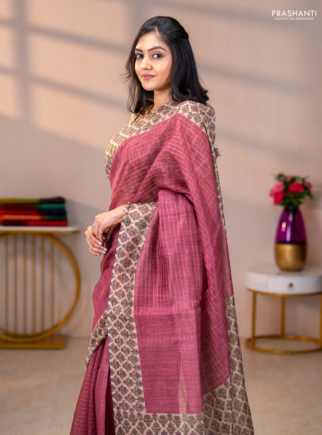 Art chanderi saree pastel maroon and beige with allover checked pattern and printed border