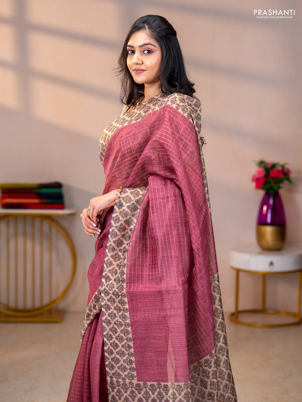 Art chanderi saree pastel maroon and beige with allover checked pattern and printed border