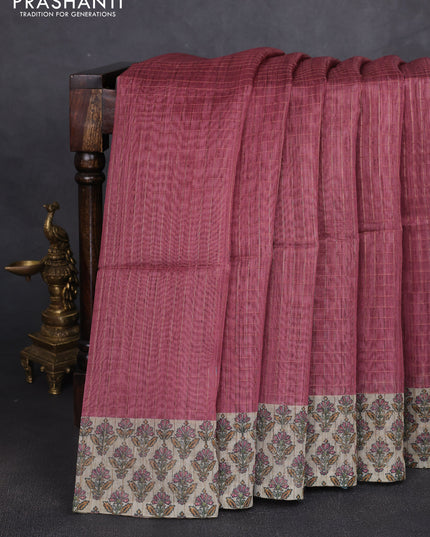Art chanderi saree pastel maroon and beige with allover checked pattern and printed border
