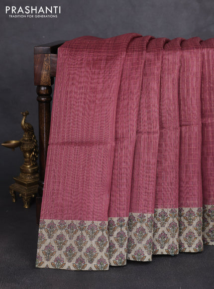 Art chanderi saree pastel maroon and beige with allover checked pattern and printed border