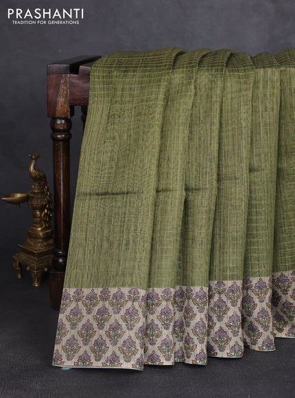 Art chanderi saree sap green and beige with allover checked pattern and printed border