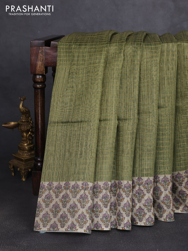 Art chanderi saree sap green and beige with allover checked pattern and printed border