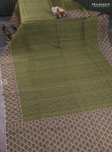 Art chanderi saree sap green and beige with allover checked pattern and printed border