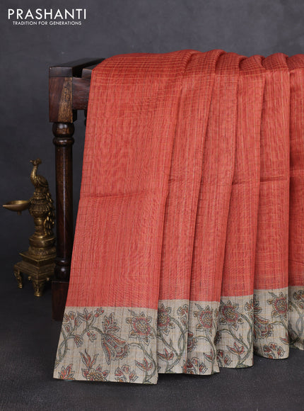 Art chanderi saree rustic orange and beige with allover checked pattern and printed border