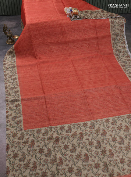 Art chanderi saree rustic orange and beige with allover checked pattern and printed border
