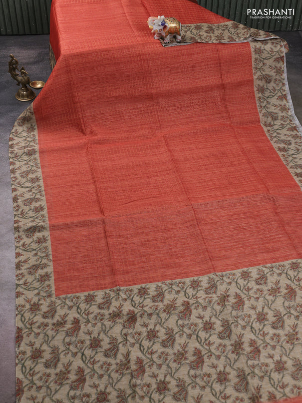 Art chanderi saree rustic orange and beige with allover checked pattern and printed border
