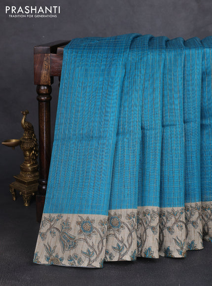 Art chanderi saree teal blue and beige with allover checked pattern and printed border