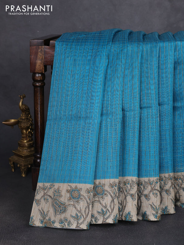 Art chanderi saree teal blue and beige with allover checked pattern and printed border