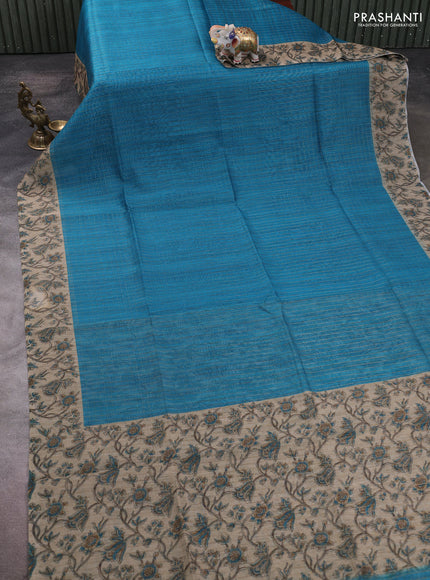 Art chanderi saree teal blue and beige with allover checked pattern and printed border