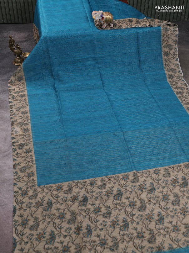Art chanderi saree teal blue and beige with allover checked pattern and printed border