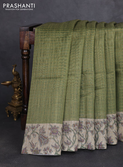 Art chanderi saree sap green and beige with allover checked pattern and printed border