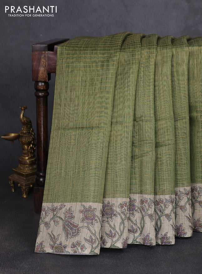 Art chanderi saree sap green and beige with allover checked pattern and printed border