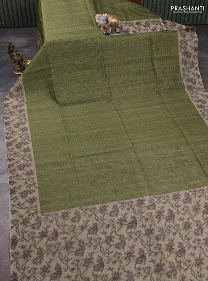 Art chanderi saree sap green and beige with allover checked pattern and printed border