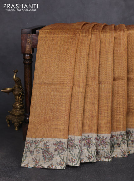 Art chanderi saree mustard yellow and beige with allover checked pattern and printed border