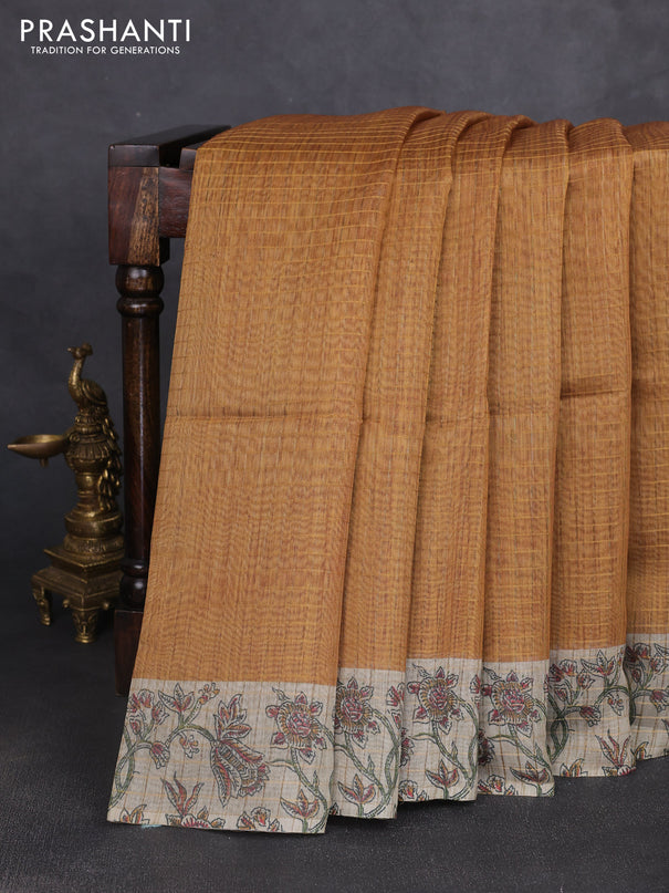 Art chanderi saree mustard yellow and beige with allover checked pattern and printed border