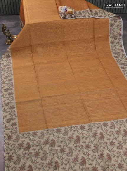 Art chanderi saree mustard yellow and beige with allover checked pattern and printed border
