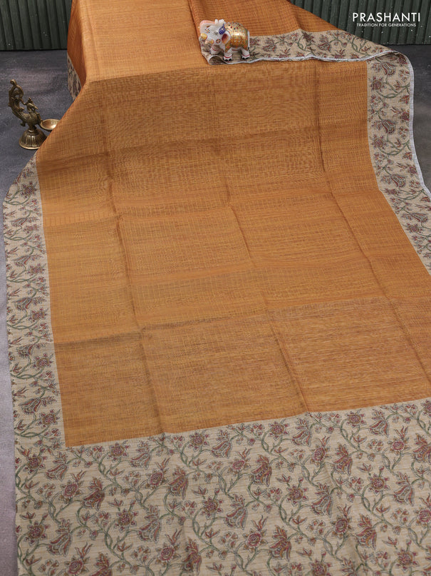 Art chanderi saree mustard yellow and beige with allover checked pattern and printed border