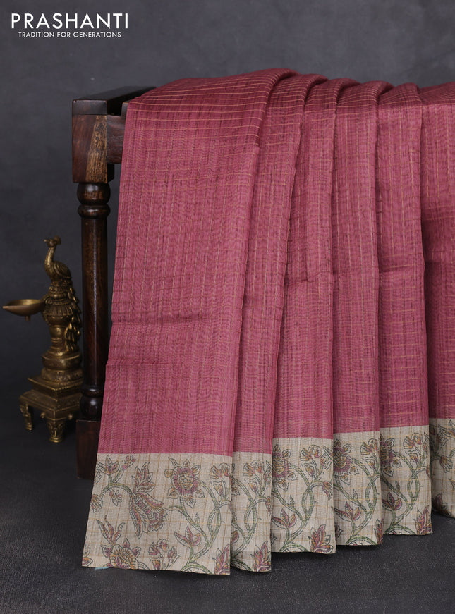 Art chanderi saree pastel maroon and beige with allover checked pattern and printed border
