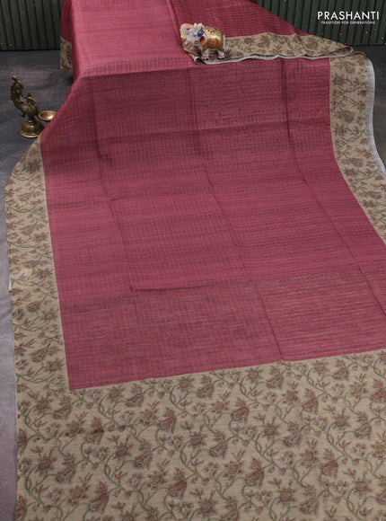 Art chanderi saree pastel maroon and beige with allover checked pattern and printed border