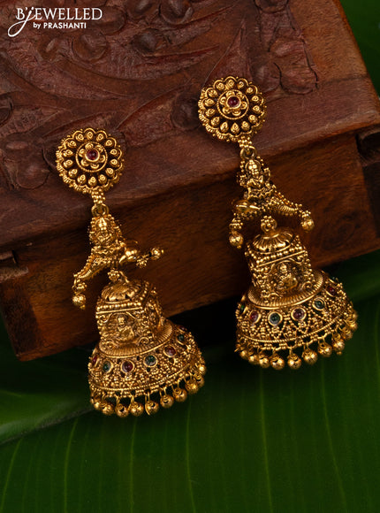 Antique jhumka lakshmi design with kemp stones and golden beads hanging