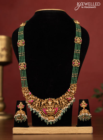 Antique beaded green haaram lakshmi pendant with pink kemp stones and beads & pearl hangings