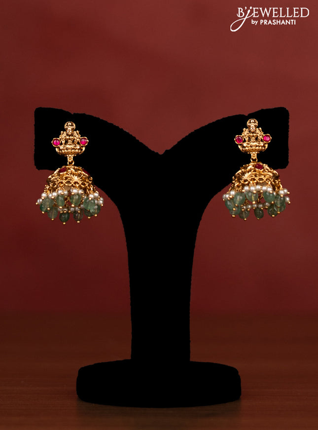 Antique beaded green haaram lakshmi pendant with pink kemp stones and beads & pearl hangings