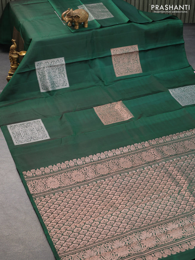 Pure kanjivaram silk saree green and dual shade of pinkish orange with silver & gold zari woven box type buttas in borderless style