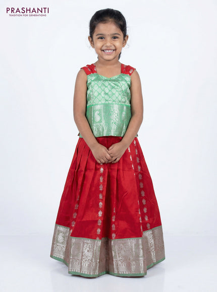Silk kids lehenga green and red with silver zari woven brocade weaves and silver zari buttas & zari border for 3-4 years