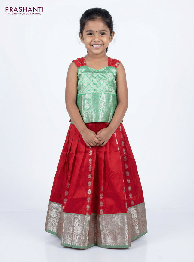 Silk kids lehenga green and red with silver zari woven brocade weaves and silver zari buttas & zari border for 3-4 years