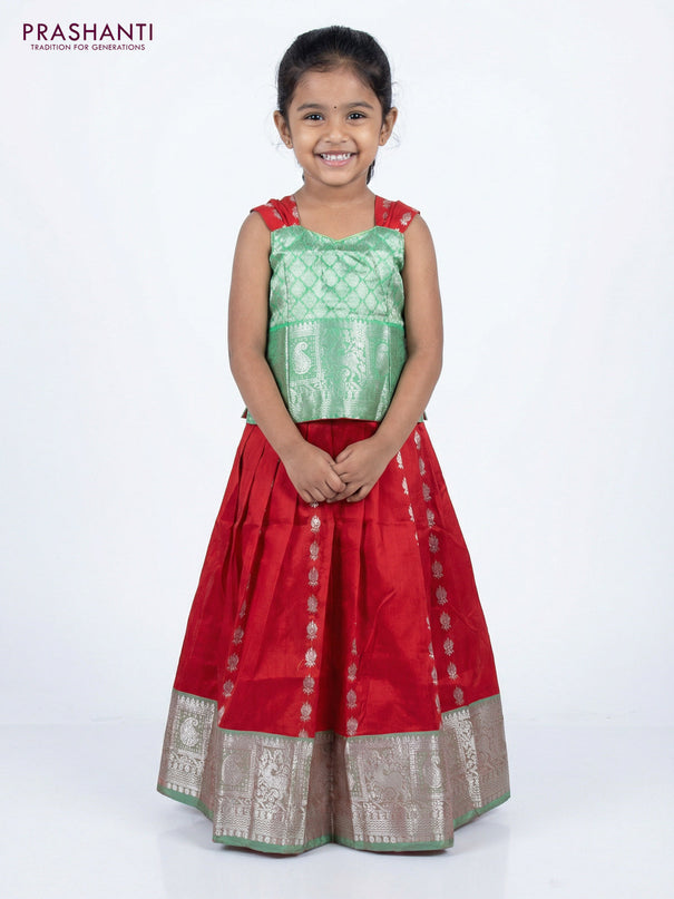 Silk kids lehenga green and red with silver zari woven brocade weaves and silver zari buttas & zari border for 3-4 years