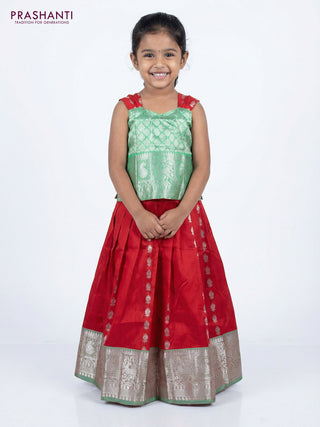Silk kids lehenga green and red with silver zari woven brocade weaves and silver zari buttas & zari border for 3-4 years