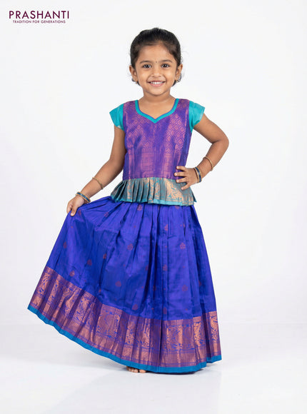 Silk kids lehenga blue and teal blue with copper zari woven brocade weaves and copper zari buttas & copper zari border for 3-4 years