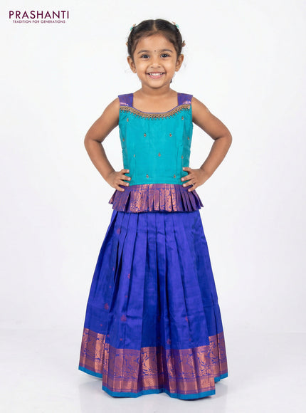 Silk kids lehenga teal blue and blue with aari work neck pattern and copper zari buttas & copper zari border for 3-4 years