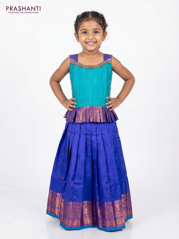 Silk kids lehenga teal blue and blue with aari work neck pattern and copper zari buttas & copper zari border for 3-4 years