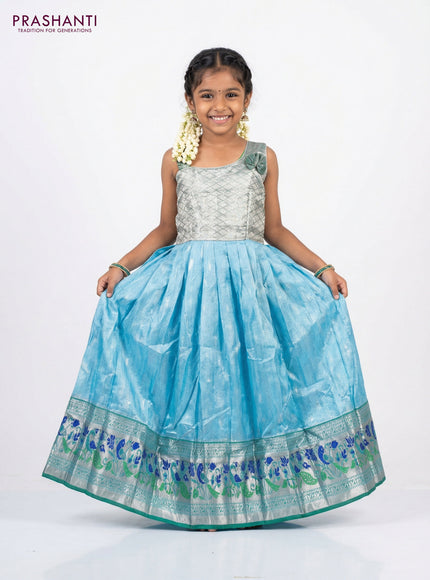 Silk kids lehenga green and light blue with zari woven brocade weaves and silver zari woven paithani style border for 6-7 years