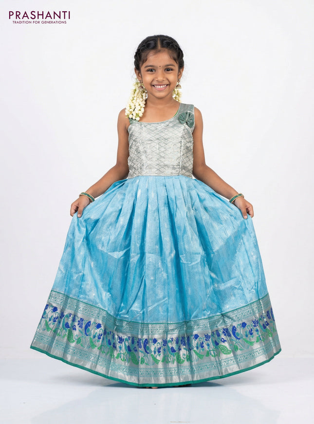 Silk kids lehenga green and light blue with zari woven brocade weaves and silver zari woven paithani style border for 6-7 years