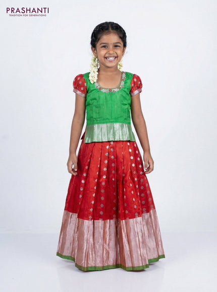Silk kids lehenga light green and red with aari work neck pattern & puff sleeve and silver zari buttas & zari border for 4-5 years