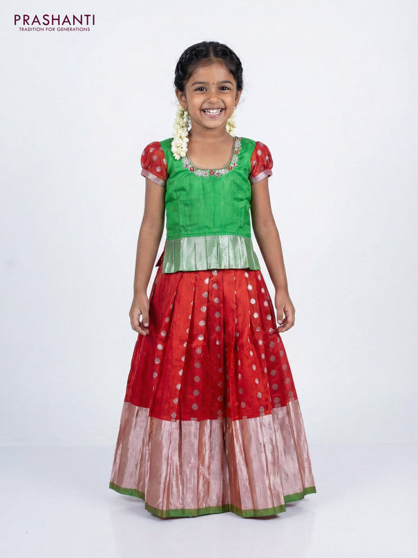 Silk kids lehenga light green and red with aari work neck pattern & puff sleeve and silver zari buttas & zari border for 4-5 years